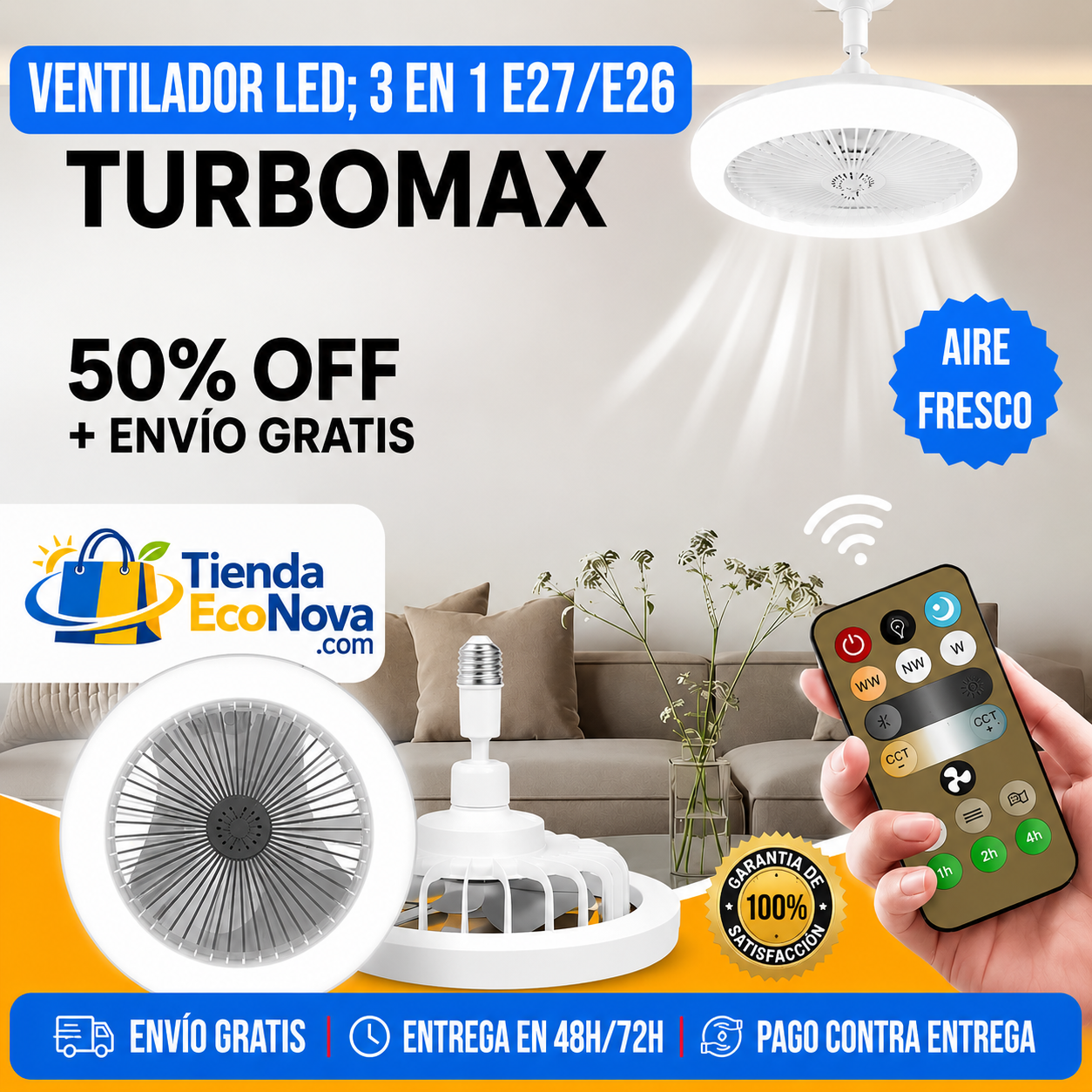 Ventilador de Techo con Luz LED E27 – Fácil Instalación